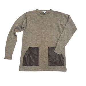 New J Crew camel tan brown leather patch pocket crewneck sweater XS S